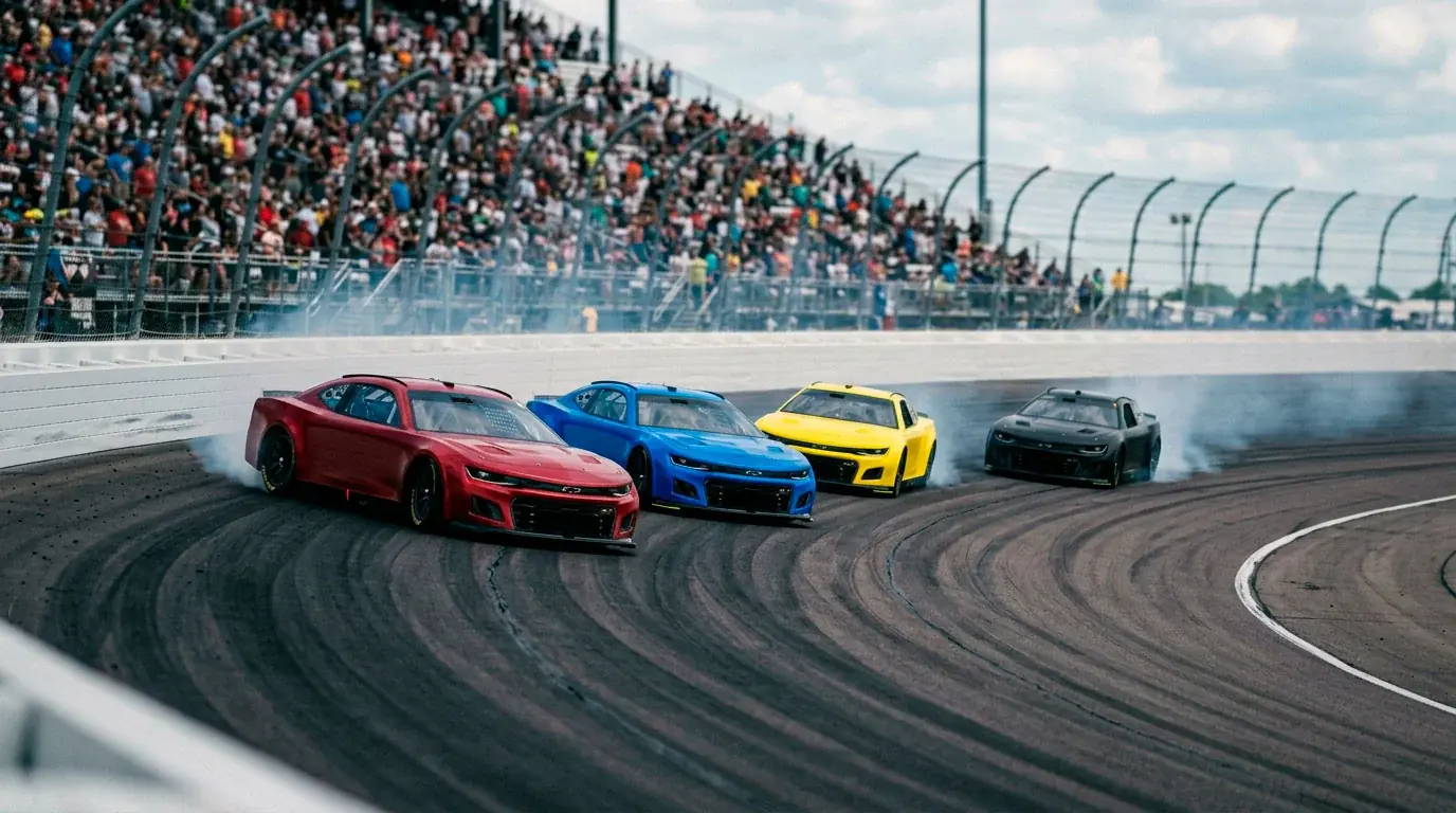 NASCAR Cup Series-bilar i tätt strid på en oval bana under Chase-serien 2026