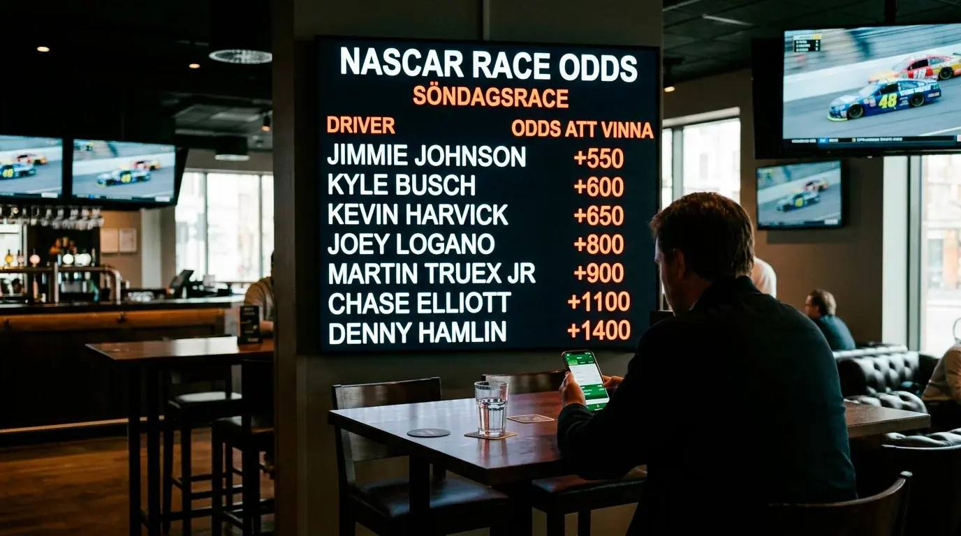 Spelbolagets oddstavla för ett NASCAR-race med racevinnare, topp 5 och head-to-head-marknader