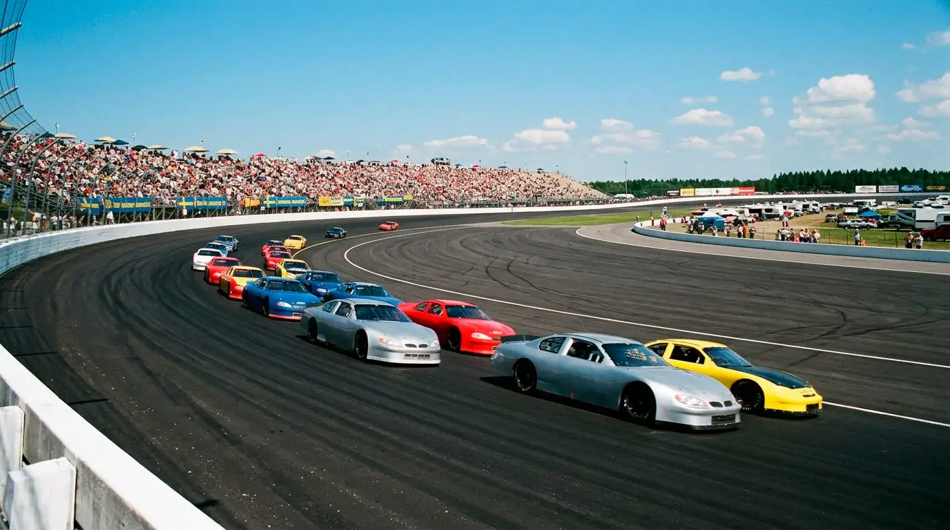 NASCAR-bilar i grupp på en bred 1,5-milsoval med tribun i bakgrunden